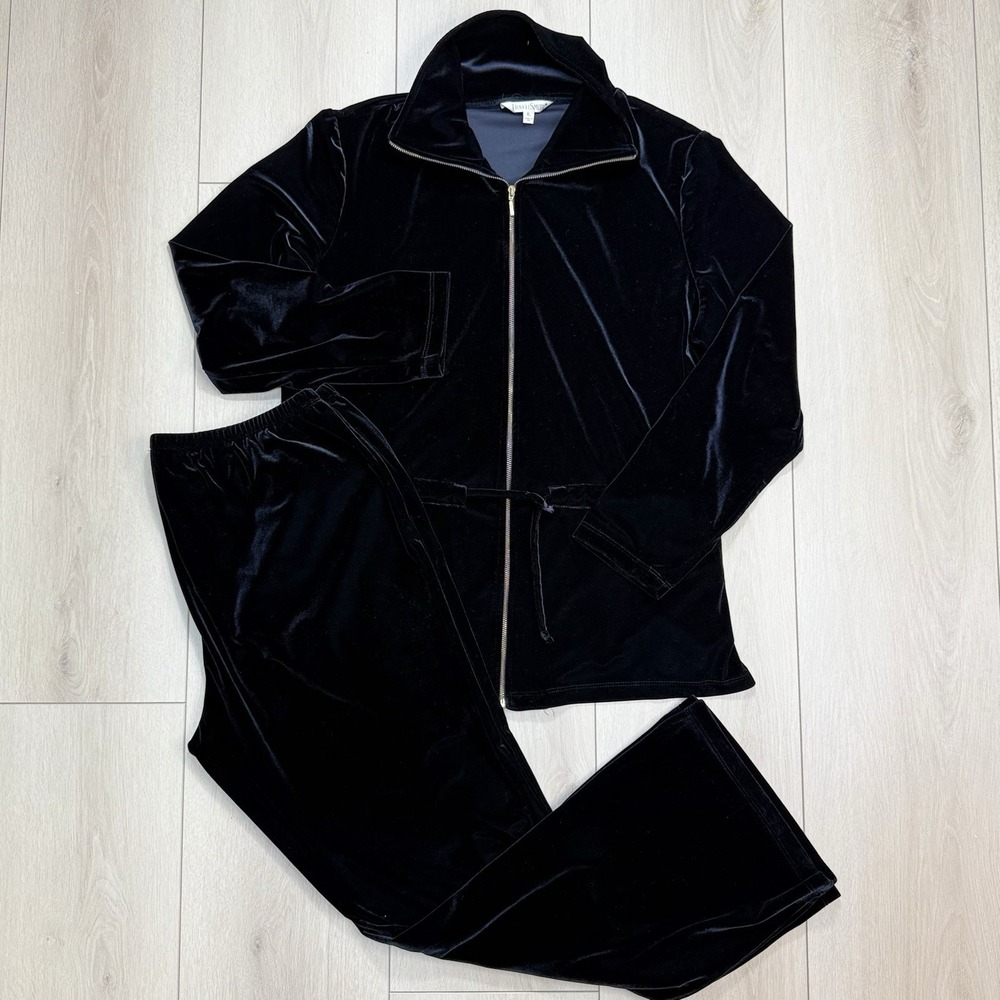 VTG TravelSmith Black Velour Lounge Set XL Zip‎ Jacket Belted Pants Made USA